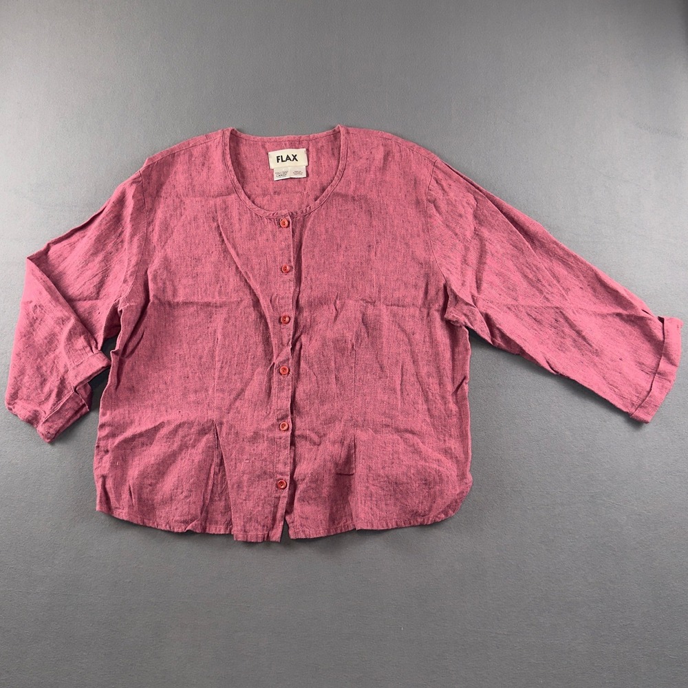 FLAX Womens Large Raspberry Pink 100% Linen Button Down Boxy Shirt Top
